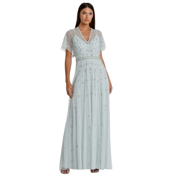 NWOT Mac Duggal Light Blue  Embellished Flutter Sleeve A Line Gown, sz 12 598$ - Picture 1 of 8